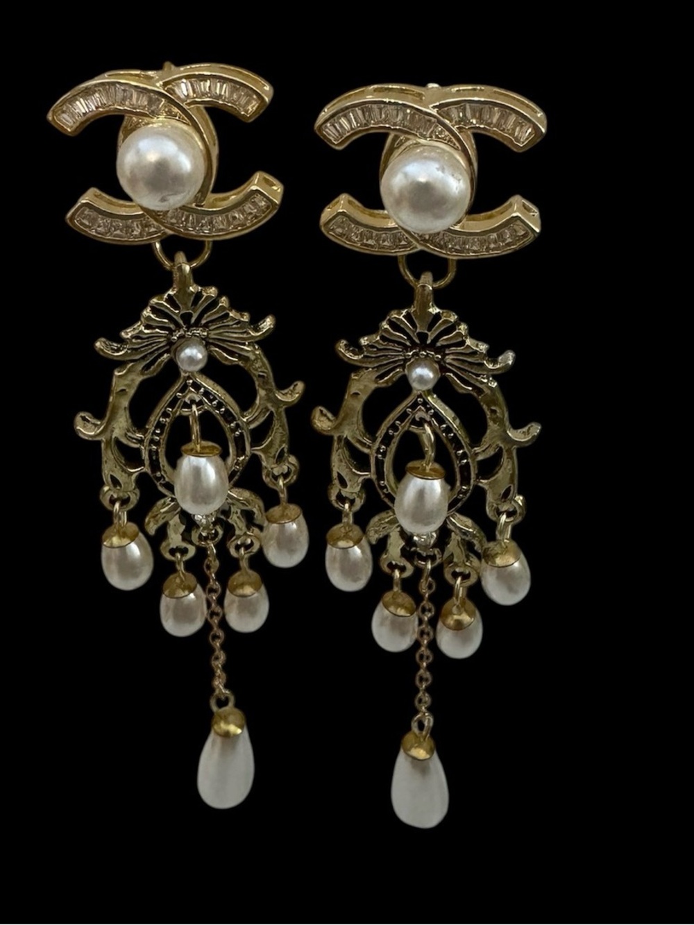 Upcycled Gold Pearl Drop Chandelier Earrings